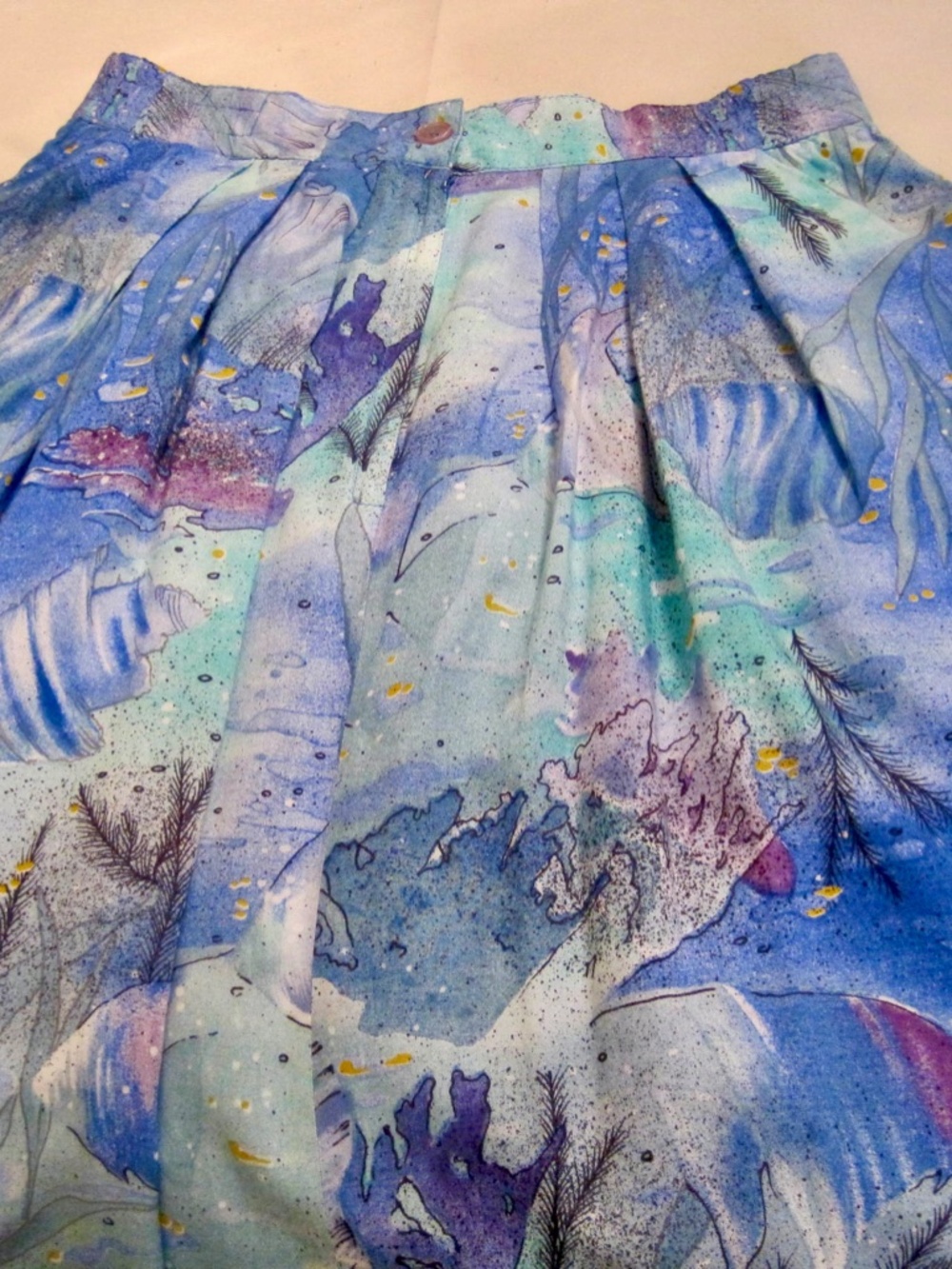 Vtge 80's Snazzie Brand Novelty Ocean Pattern, Rayon Mid Skirt, Made in Canada